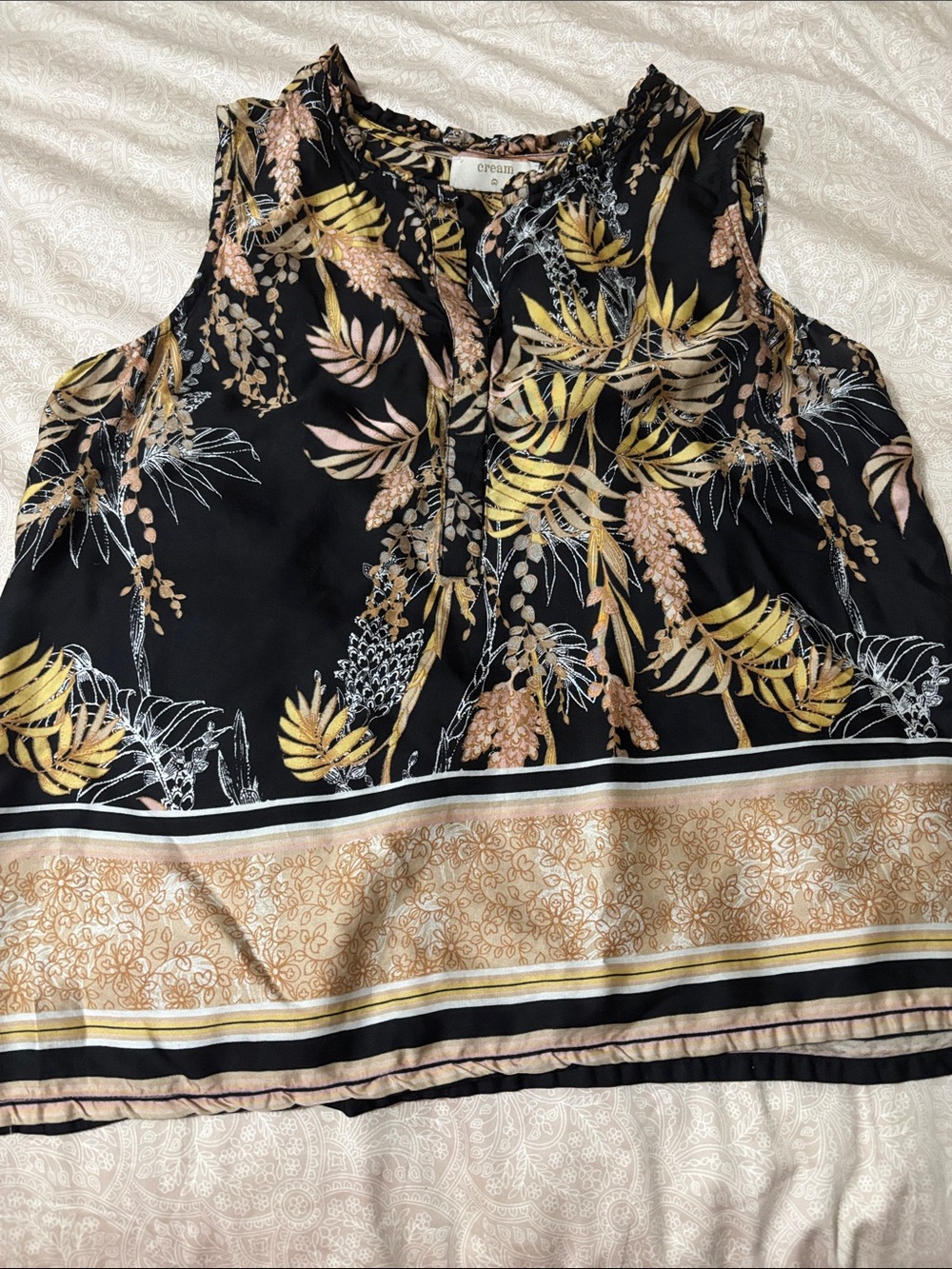 Cream  Black Floral Print Sleeveless Blouse